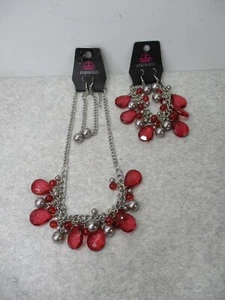 New Paparazzi Jewelry Necklace 2 Sets Earrings Bracelet Set Red & Silver Tone - Picture 1 of 9