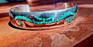 Navajo Sterling Silver & Turquoise Inlay Cuff Bracelet Adjustable 19.5 Grams  - Picture 1 of 12