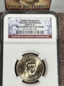3rd President Thomas Jefferson 2007P NGC Certified MS65 1st Day Issue CC193 - Picture 1 of 5