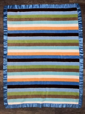 MANTA LOVEY Vintage BABY BOOM Rayas Azul Satinado Borde Naranja Verde Marrón Blanco Foto 1 de 3