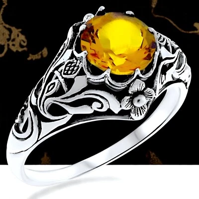 SCOTTISH THISTLE ART NOUVEAU STYLE 925 SOLID SILVER LAB-CREATED CITRINE RING 377 - Image 1 of 4