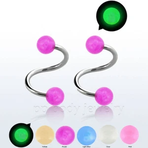 2pcs. 16G 14G Surgical Steel Spiral Glow In The Dark Ball Ear Cartilage Labret - Picture 1 of 2