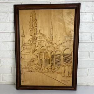 Vintage 1985 Blaue Moschee Holzbefeuerte Kunst Instanbul Türkei signiert von Mehmet Maras - Bild 1 von 8