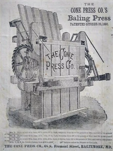1882 Antike Heuballenpresse Gravur Kunst Landmaschinen Kegelpresse Co. Druckanzeige - Bild 1 von 2