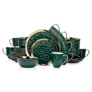  Florian Modern Porcelain Dish Set, 32-Pieces Service for 8 Green with Gold Rim - Picture 1 of 6