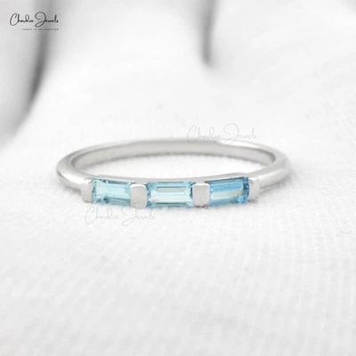 14K massiver Weißgold Drei Steine Vorsteckring 0,3 ctw Aquamarin Edelstein Ring - Bild 1 von 4