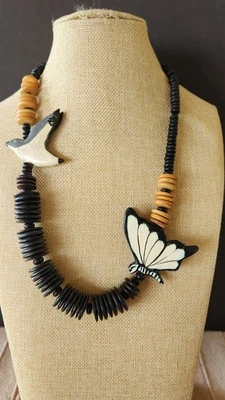 Wooden Necklace With Bird & Butterfly 22" Butterfly 2.37" Good Condition  - Image 1 of 4