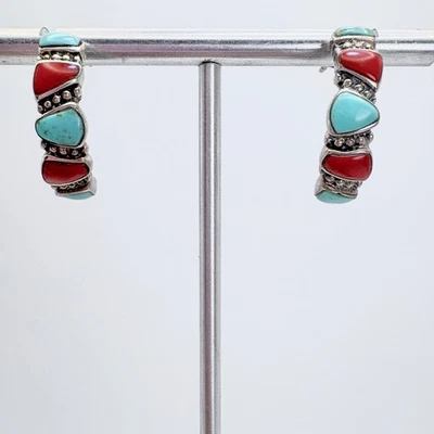Pendientes de aro medio turquesa y coral de plata de ley 925 de colección tamaño 0,75" de largo Foto 1 de 4