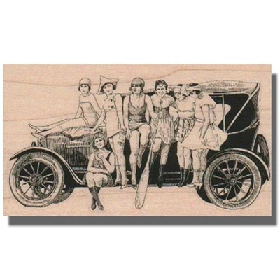 Sello de goma de madera, DAMAS CON COCHE VIEJO, vintage, amigos, mujer, gente, dama, verano Foto 1 de 2