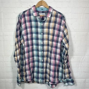 Camisa Tommy Bahama Lino a Cuadros Para Hombre Grande Rosa Azul Manga Larga Botón Carrera - Imagen 1 de 12