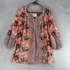 Fig & Flower Top Shirt Blouse Womens 1X Sheer Peasant Boho Floral Colorful 4H - Picture 1 of 5