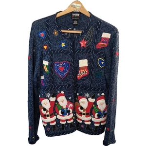 Designer Original Studio Christmas Ho Ho Ho Cardigan Sweater Santa Holiday  Blue - Picture 1 of 9
