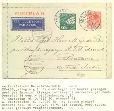 PAÍSES BAJOS -INDIAS HOLANDESAS 1929 TARJETA CARTA 4º VUELO DE PRUEBA -PM= CORREO BATAVIA =  Foto 1 de 2