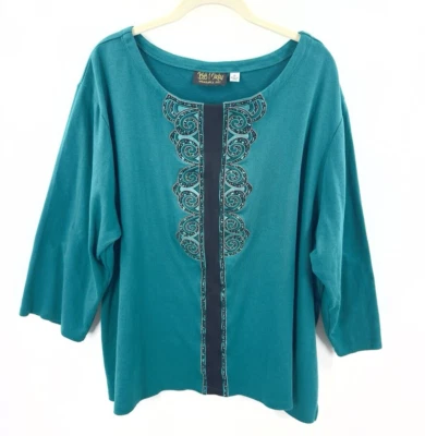 Top Bob Mackie bordado para mujer talla 3X usable arte manga 3/4 tono joya Foto 1 de 4