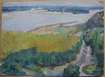 乌克兰苏联油画点画风景树秋河第聂伯罗 — 第 1/4 张图片