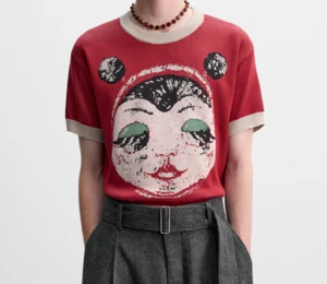 Zara x Harry Lambert Jacquard Face Knit T-Shirt Burgundy Size M 2142/319 New - Picture 1 of 10