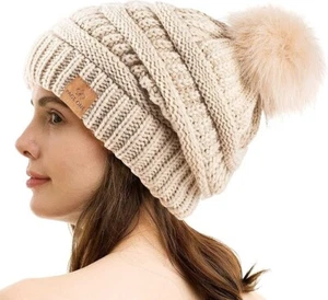 Women's Fleece Lined Slouchy Beanie Chunky Baggy Hat Fur Pompom Winter - OATMEAL - Picture 1 of 4