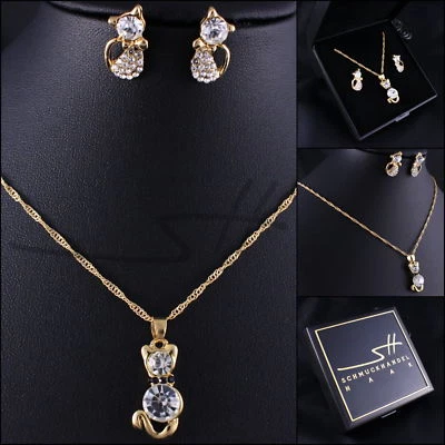 Kätzchen-Set Halskette Ohrstecker *Katze* Gold im Etui, Weihnachtsgeschenk - Bild 1 von 4