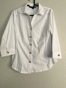 ZAC & Rachel Petite PS White 3/4 Sleeve Gold Accent Button Down Shirt - Picture 1 of 8