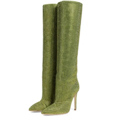 Womens Knee High Boots Rhinestone T-Show Stiletto Diamond Nightclub Fashion Sexy - Image 1 of 4