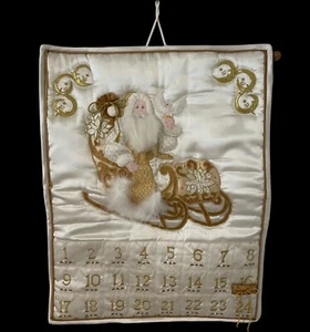 VINTAGE SATIN SANTA SLEIGH COUNTDOWN CALENDAR CHRISTMAS ADVENT WHITE GOLD - Picture 1 of 8