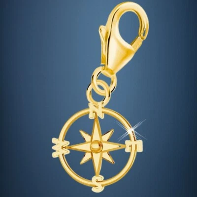 Kompass Karabiner Charm 925 Sterling Silber Gold Vergoldet Anhänger für Armband - Bild 1 von 3