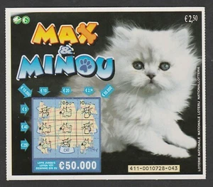 Tarjeta de arañazos original vintage de lotería belga para gatos Max & Minou - blanca esponjosa - Imagen 1 de 2