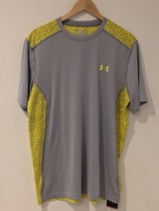 Under Armour Heatgear T-Shirt Large Fitted Grey & Yellow - Gym/Running/Sports - Picture 1 of 11