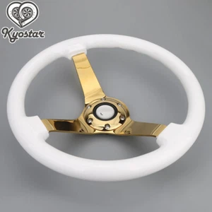 350mm White Wooden Steering Wheel Gold Spoke Universal Deep Dish Corn 14 inch - Picture 1 of 4