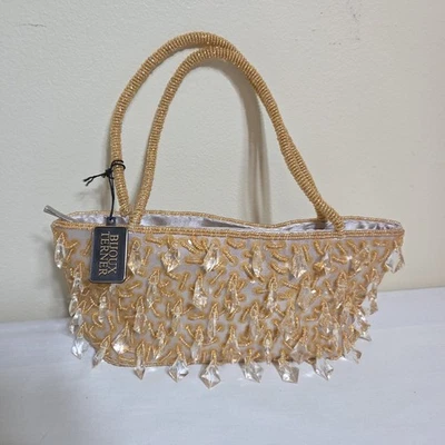 Bolso de noche de colección Bijoux Terner satinado lentejuelas colgantes cuentas aleta dorado elegante Foto 1 de 4