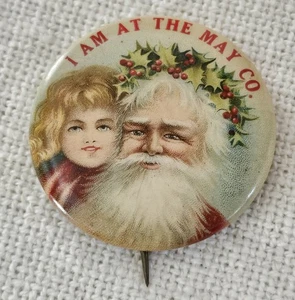 SANTA MULTICOLOR CELLULOID PINBACK - THE MAY CO. - Picture 1 of 2