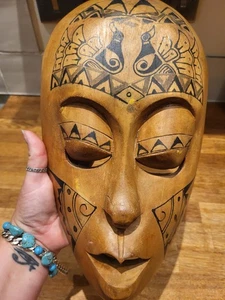 Indonesian Folk Ritual Tribal Face Mask Wall Hanging Hand Carved Wood Wall Art - Picture 1 of 9