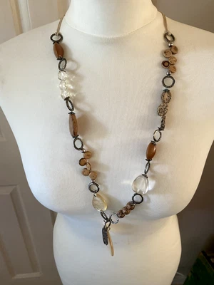 Hush! Statement Necklace Mother of Pearl Pendant Cream Disc Cork Wood Ethnic - Image 1 of 4