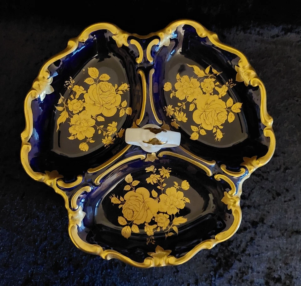 Porzellan Prunkschale mit Tragegriff - Reichenbach - Kobalt blau Goldverzierung - Bild 1 von 4