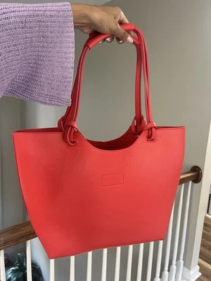 Neiman Marcus Red Leather Tote Bag with Minimalist Design - Image 1 of 4