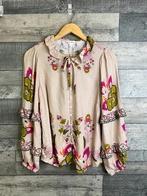 Blusa Top Monzón Mujer Talla Pequeña Rosa Melocotón Cuello Kara Corbata Camisa Boho Volantes Foto 1 de 4