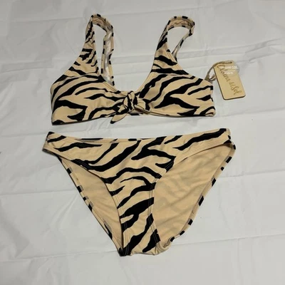 Cabana Del Sol Beige Bralette Top Estampado de Cebra Traje de Baño Bikini 2 Piezas Talla Mediana Nuevo con Etiquetas Foto 1 de 4