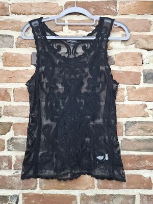 Express Black Sheer Lace Tank Top Women's Size XS Gothic Boho Embroidered Mesh - Image 1 of 4