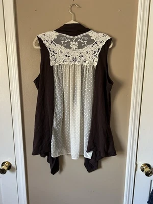 LOGO Lori Goldstein Women Heathered Brown Knit Vest Crochet Boho Chiffon 2X - Image 1 of 4