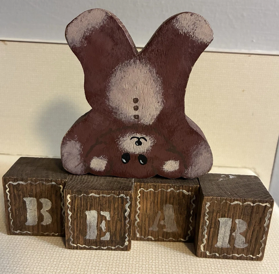 Oso de peluche vintage bloque de madera decoración casa de campo casa de campo rústico Foto 1 de 4