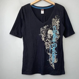 Harley Davidson Skull Tee Womens Size Small Black Bling T Shirt Moto Biker Y2K - Picture 1 of 10