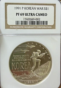 1991-P Korean War Silver Dollar $1 NGC PF69 Ultra Cameo - Picture 1 of 2