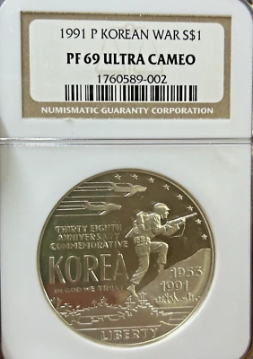 1991-P Korean War Silver Dollar $1 NGC PF69 Ultra Cameo - Image 1 of 2