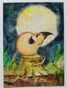 Aceo Original Watercolor Painting Dark Art Skull Crow Bird Full Moon Nikki - Picture 1 of 1
