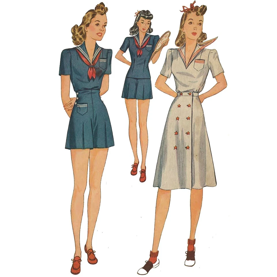 1940's Pattern, 3 Piece Sailor Playsuit, High Waist Shorts - Multi-sizes - Image 1 of 1