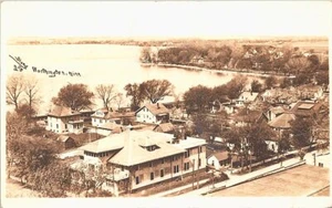 RPPC Worthington Minnesota Birdseye Town and Shoreline View 1935 - Picture 1 of 2