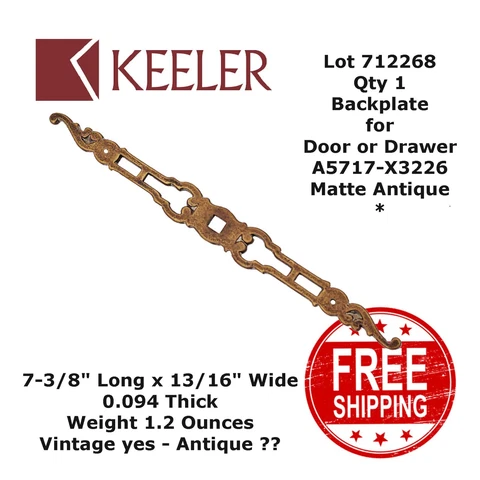 BACKPLATE DOOR or DRAWER 7-3/8" x 13/16" Keeler A5717-X3226 Matte Antique 712268 Cover