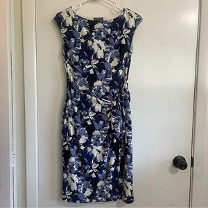 American Living Blue and White Sheath Dress Midi Cap Sleeve Size 2 Tie at waist - Picture 1 of 12