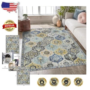 Indoor Non-Slip Moroccan Trellis Rug 5x7 - Soft Floral Design for Living Space - Picture 1 of 8