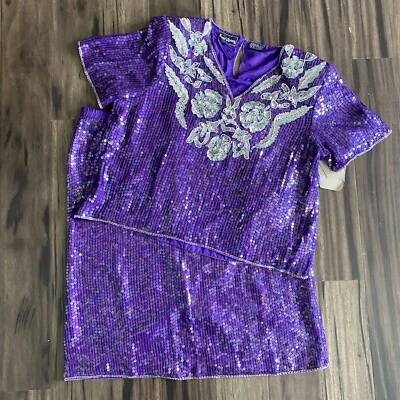 Conjunto de falda vintage de lentejuelas para mujer traje extra grande púrpura con cuentas Foto 1 de 4